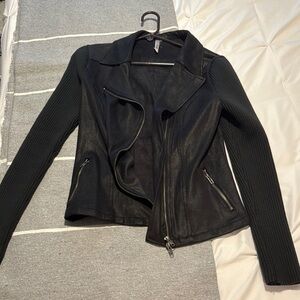 Monoreno Black Leather Moto Jacket with Asymmetrical Zipper